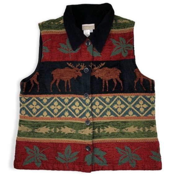 Women's Coldwater Creek Tapestry Vest Moose Fish Woods Mountain Lodge LARGE - Picture 1 of 4